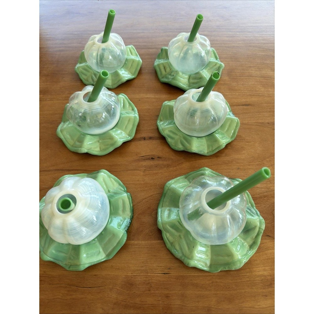 Vintage MCM Smoking Cocktail Glasses w/ Glass Straws Jade Ashtray Base Set of 6